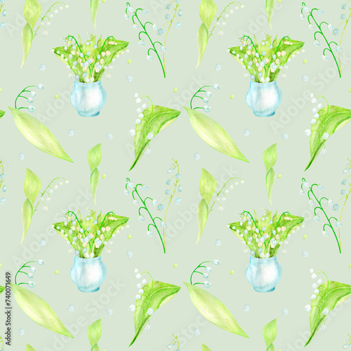 A set of seamless patterns watercolor lilies of the valley hand drawn illustration of spring flowers highlighted