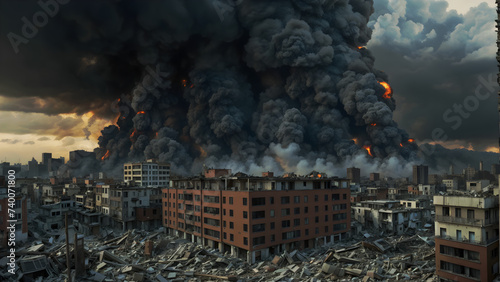Thick clouds of black smoke engulf a building in the heart of the city, creating a scene of chaos and destruction. #urbanfire 