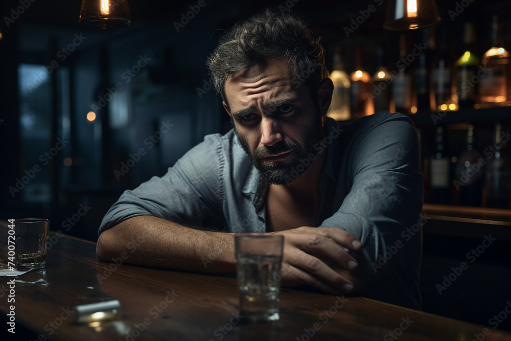 AI generated portrait of depressed tired man sitting at desk with alcoholic drink looking tired and sad AI generated portrait of depressed tired man sitting at desk with alcoholic drink looking tired and sad