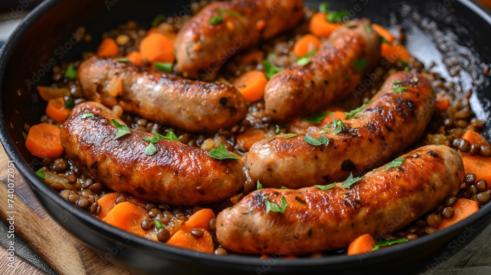 Chipolata sausages cooked with lentils and carrots. Generative AI Chipolata sausages cooked with lentils and carrots. Generative AI
