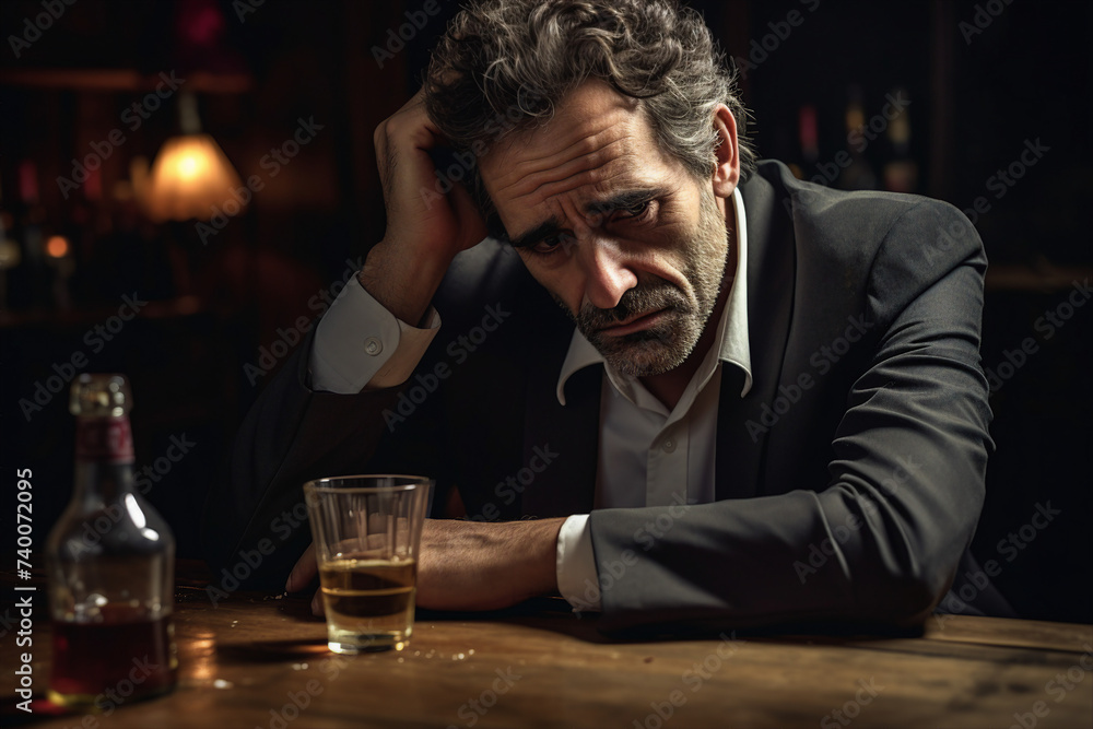 Drunk depressed man sitting in a bar suffering from loneliness made with generative AI