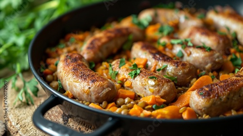 Chipolata sausages cooked with lentils and carrots. Generative AI