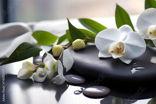 Black basalt stones for spa treatments with white orchid flowers on a light background. Playground AI platform