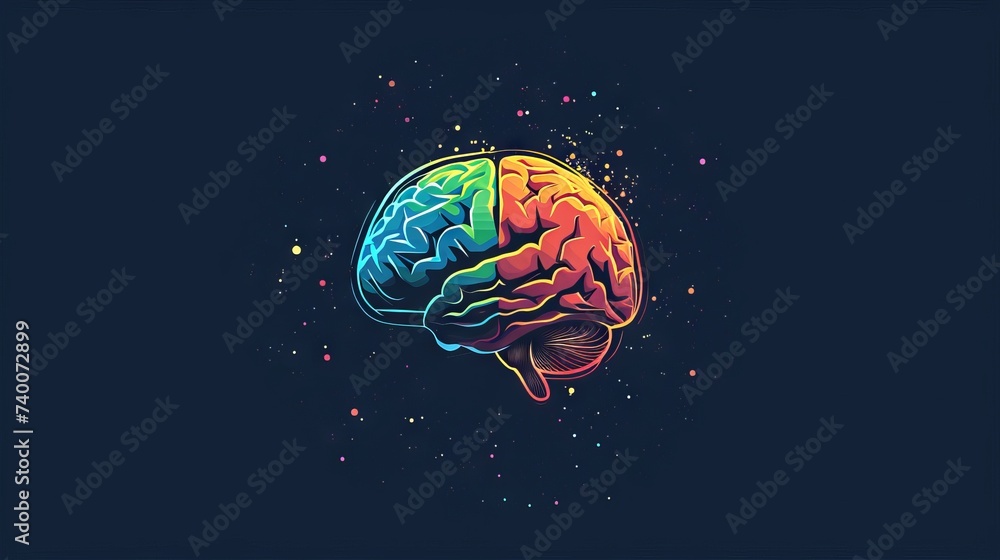 Human brain with colorful dots on dark background - obrazy, fototapety, plakaty 
