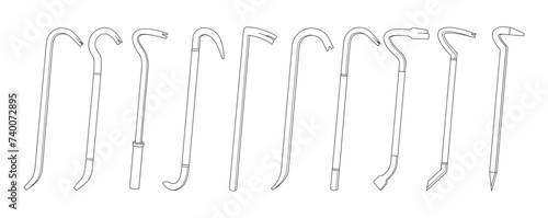 Crowbars Isolated Outline Monochrome Icons Set. Versatile Hand Tools With A Flat, Curved Metal End Used For Lifting