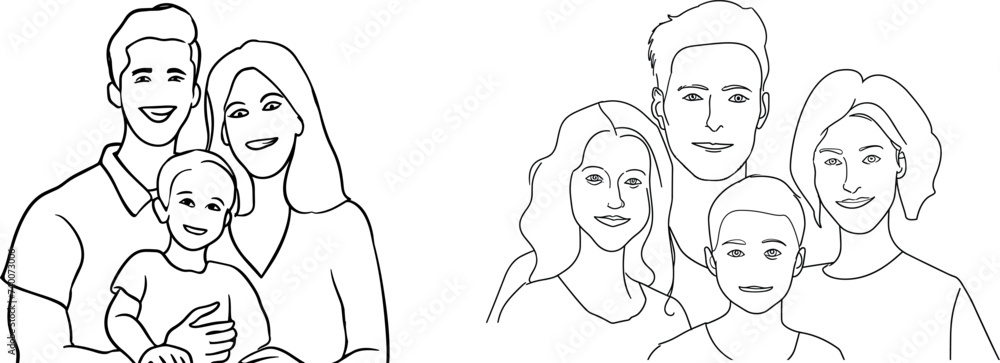 continuous single line drawing of Casual portrait of a healthy attractive young family, family outdoor activities, happy family moments, lifestyle, modern family bonding.