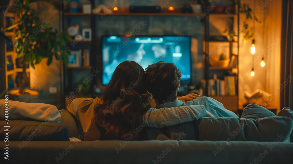 Cozy Winter Night: A woman, a couple watch TV in a warmly lit room with a fireplace, spreading love and joy on a Christmas night