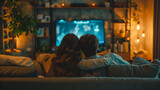 Cozy Winter Night: A woman, a couple watch TV in a warmly lit room with a fireplace, spreading love and joy on a Christmas night