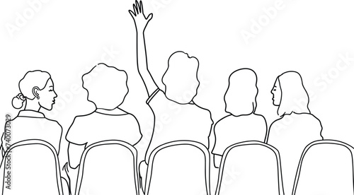 Minimalist continuous single line drawing of casual businesswoman raising one arm in a conference meeting, professional presentation skills, effective communication techniques, leadership in corporate