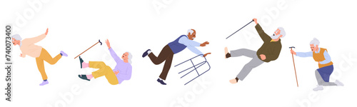 Elderly people cartoon characters with cane or walkers falling down isolated set on white background
