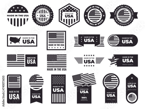Made in USA black stamps. American labels, quality product emblems, patriotic signs and banners, seal badges, stars and stripes, national flags, guarantee badge design, isolated vector set