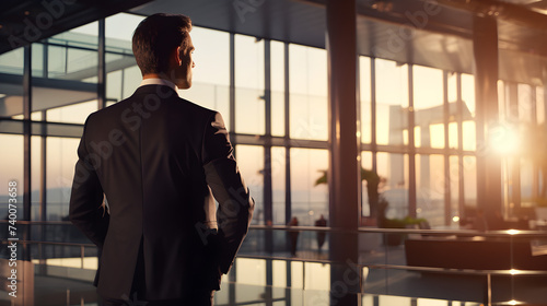 silhouette of a successful businessman near the window, back view. A successful financial manager plans a project strategy. Conception of success