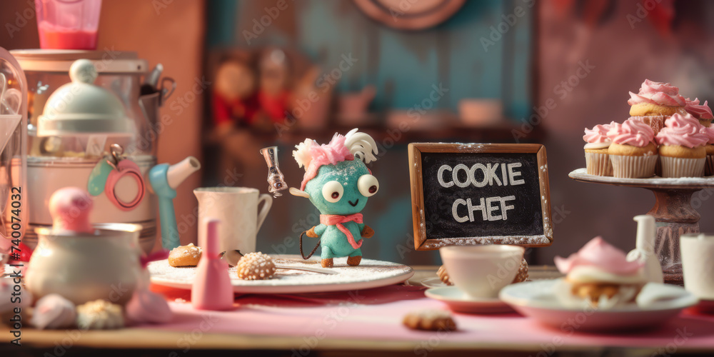 Charming quirky creatures baking cookies, with blank signboards "COOKIE CHEF" to help communicate their messages, copy space. - obrazy, fototapety, plakaty 