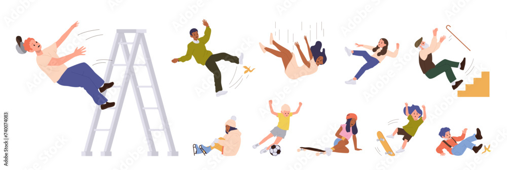 People cartoon characters falling down suffering from injury and pain isolated big set on white - obrazy, fototapety, plakaty 