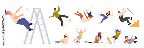 People cartoon characters falling down suffering from injury and pain isolated big set on white photo