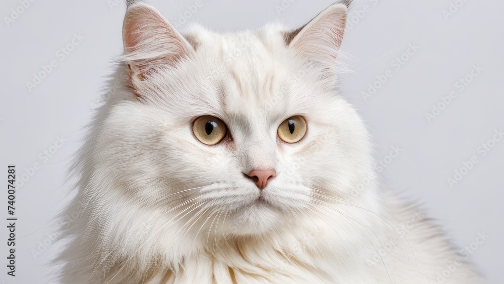 Portrait of White siberian cat on grey background