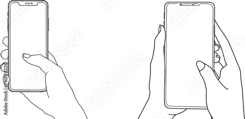 Female hand holding cell phone blank screen, continuous single line drawing vector, smartphone mockup