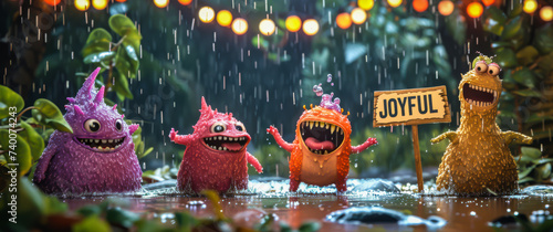 Cheerful extrange funny creatures dancing in the rain, with blank signboards 