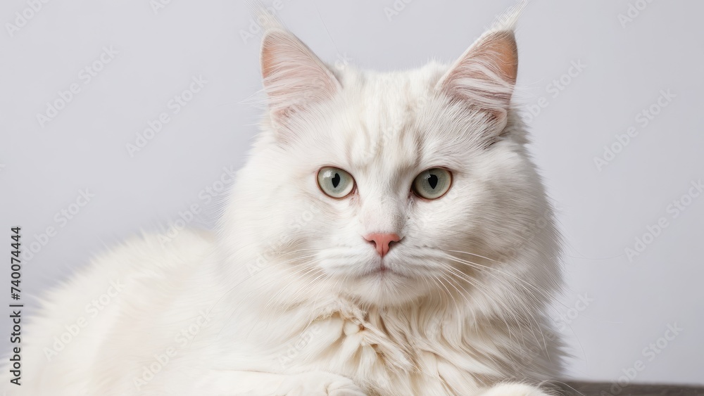 Portrait of White siberian cat on grey background