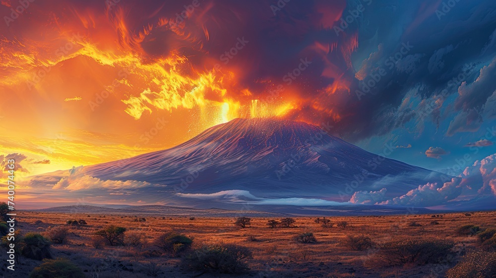 The Kilimanjaro volcano erupted and spewed molten lava into the atmosphere with force. Generated by AI - obrazy, fototapety, plakaty 