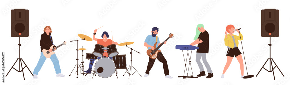 Φωτογραφία Rock group cartoon characters playing music instruments performing isolated on w