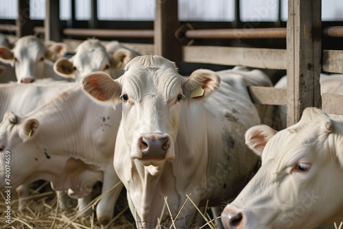 White cows looking at camera in a peaceful dairy farm setting.