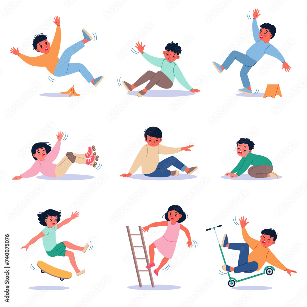 Cartoon falling kids. Boys and girls in danger, slipping, tripping and injuries, result of active games, unhappy crying child, skateboard rollers and scooter, ladder and wet floor, vector set