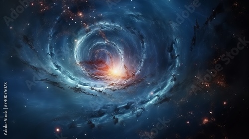 A view from space to a spiral galaxy and stars. Universe filled with stars, nebula and galaxy,.