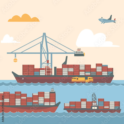 2d vector illustration colorful Land and sea transport techniques, methods and technological tools for transporting and shipping goods and products and logistic 
