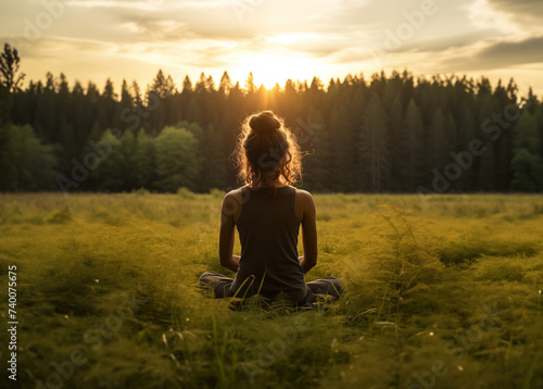 woman sitting in a field meditating near sunset