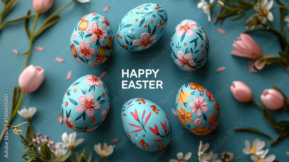 Festive Easter background with Easter eggs and the inscription "HAPPY EASTER" - obrazy, fototapety, plakaty 