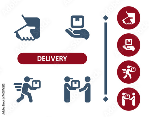 Delivery icons. Delivery man, courier, box, package, parcel, hand, delivering icon