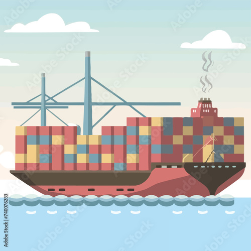 2d vector illustration colorful Land and sea transport techniques, methods and technological tools for transporting and shipping goods and products and logistic 

