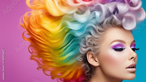 Beauty Girl Portrait with Colorful Makeup, Hair, Nail polish and Accessories. Colourful Studio Shot of Funny Woman. Vivid Colors. Manicure and Hairstyle. Rainbow Colors © Elchin Abilov