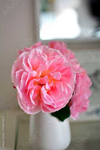 romantyczna rózowa roza w białym wazonie na stoliku, romantyczne tło, rózowa róza w wazonie, róza i ramka ze zdjęciem, romantic pink rose in a white vase on the table, romantic background 