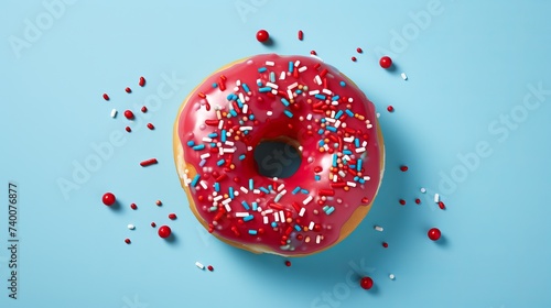 Blue donut sprinkled with red balls isolated on white background top view