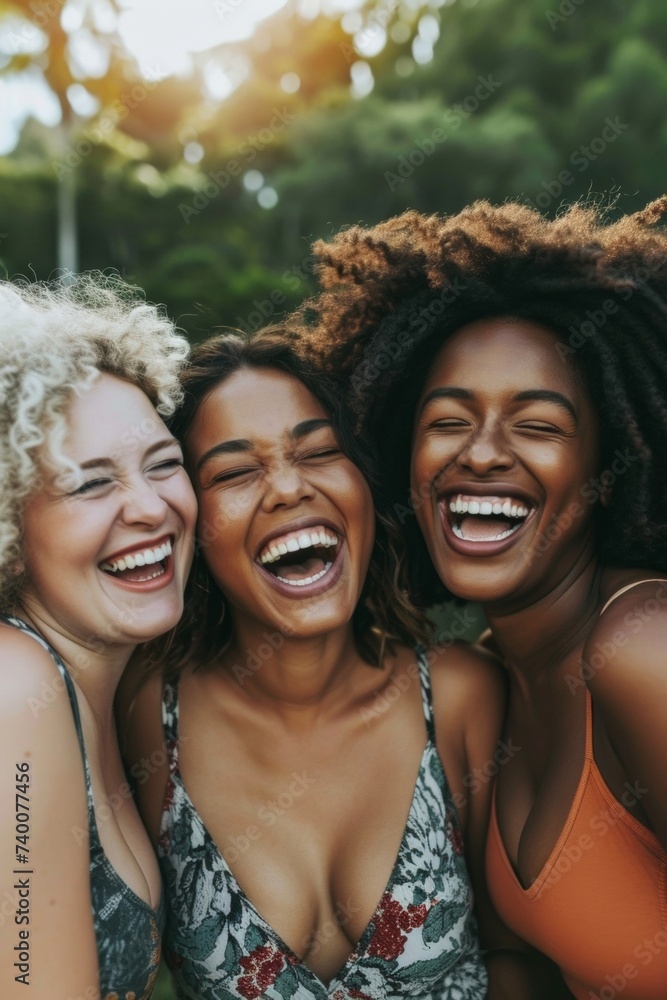 Close-up of three exuberant women of diverse ethnicities sharing a candid moment of joy, against a natural backdrop. Close-up of three exuberant women of diverse ethnicities sharing a candid moment of joy, against a natural backdrop.