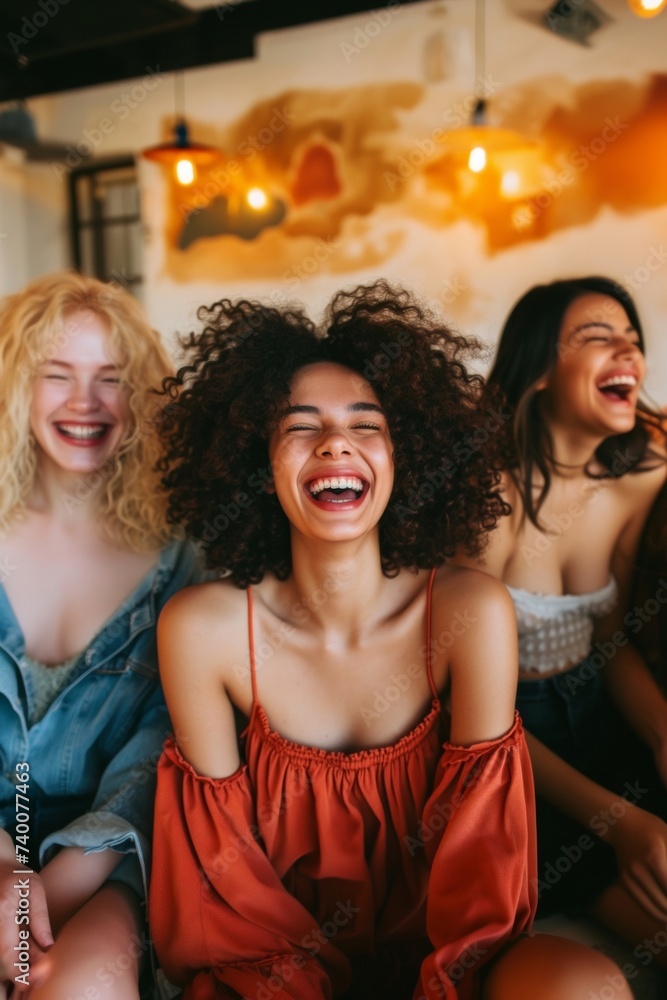 Three young women of different ethnicities laughing in an indoor setting, sharing a moment of pure joy.