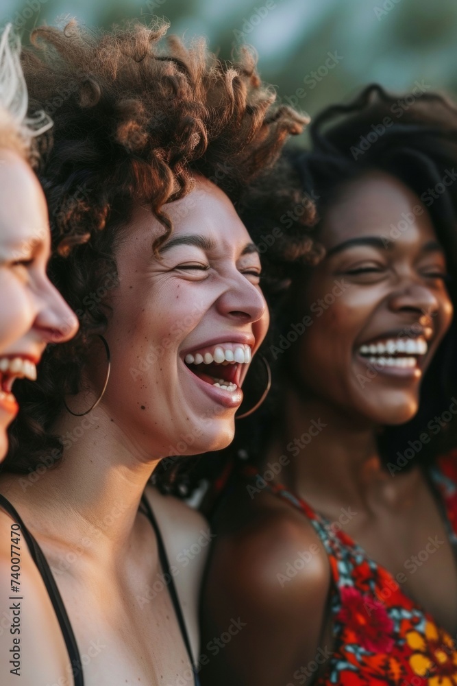 Side view of three diverse women laughing heartily, showcasing genuine friendship and joy. Side view of three diverse women laughing heartily, showcasing genuine friendship and joy.