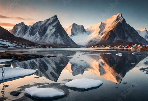 A beautiful view of snowy mountains and icy shores of the Lofoten Islands at sunset, Norway-