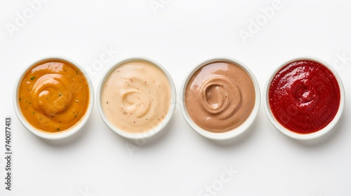 Bowls of various sauces isolated on white background, top view photo