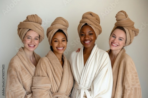 Four women in spa robes and head towels share a moment of joy, symbolizing diverse beauty.