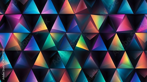 Bright seamless pattern with iridescent triangles on black background photo