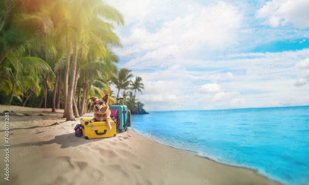 The dog lies on the travel suitcases on the beach. it is on the theme of summer holidays and trips to tropical islands.
