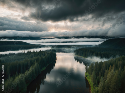 Landscape with a view of the taiga in cloudy weather. Clouds over a coniferous forest. Gloomy landscape on the theme of nature.