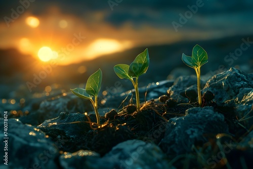 The promise of a new beginning is symbolized by fresh seedlings breaking through the earth at dawn's first light.