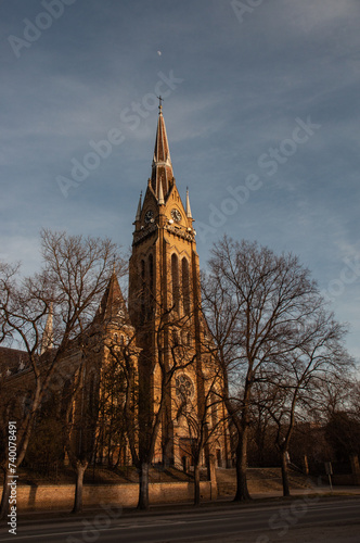 Backa Topola, Serbia - February 17, 2024: View on a Roman Catholic Church of the Immaculate Virgin Marry in Backa Topola, Serbia. Church built 1906 in Gothic style.