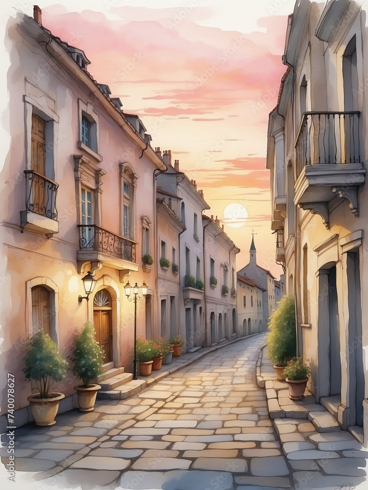Narrow street of an old European city at sunset. Romantic vertical background in digital illustration style.