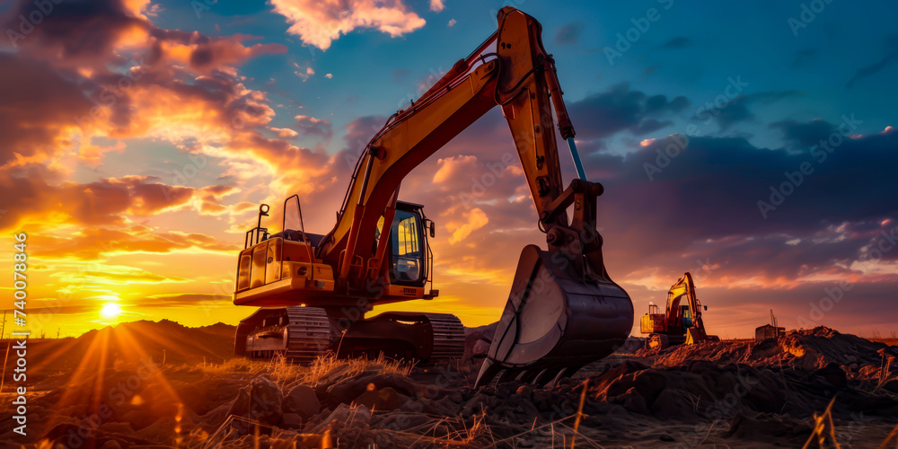 excavators are parked in a field at sunset excavators are parked in a field at sunset