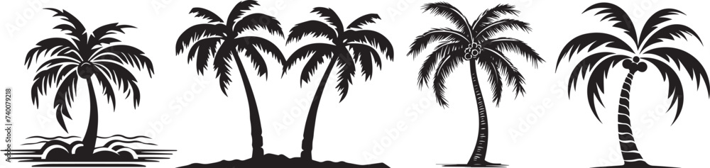 set of palm trees, plants black and white shapes laser cutting engraving - obrazy, fototapety, plakaty 